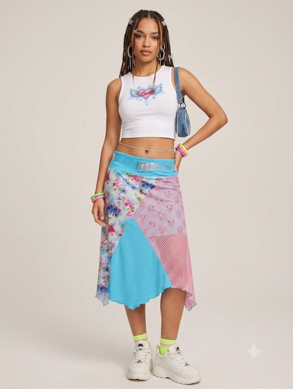 Lafortune Patchwork Floral Asymmetrical Midi Skirt